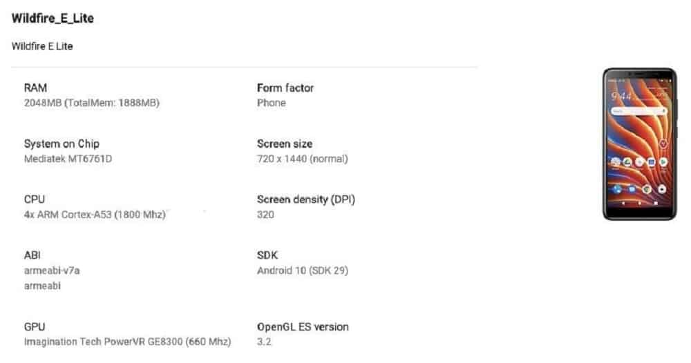 HTC Wildfire E Lite Spec