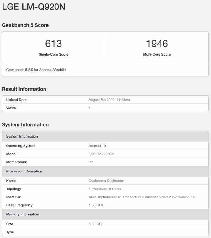 LG Q92 Geekbench