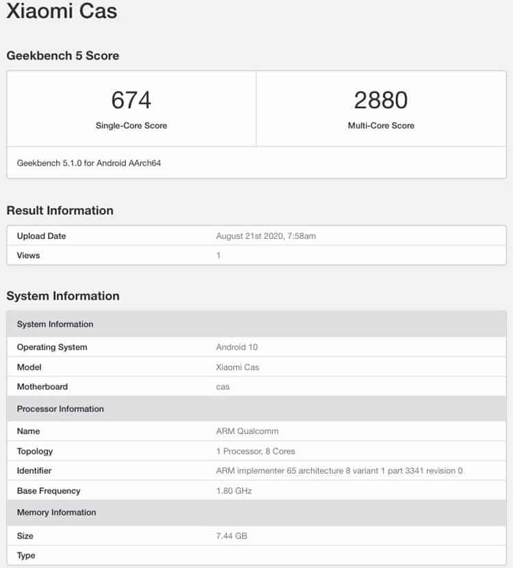 Xiaomi Mi CC10 Pro Geekbench